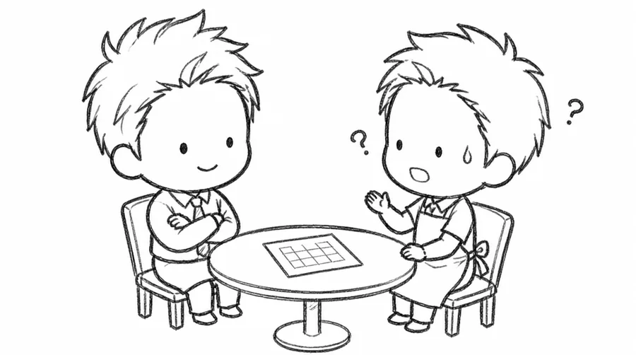 お店の人と向き合って話すひろのイラスト