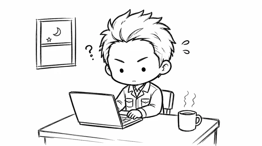 夜の台所でノートパソコンに向かうひろのイラスト